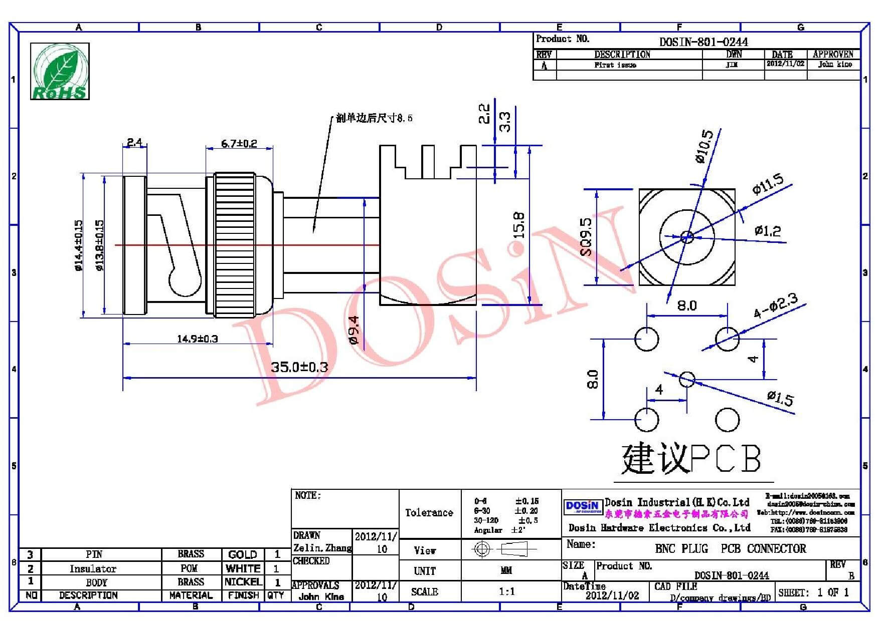 bnc直型母頭射頻同軸連接器插板式接PCB板